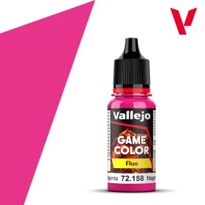 Vopsea Vallejo Game Color - Fluorescent Magenta 18 m How to use: Apply with an airbrush, it can also be used with a brush. Safety: Always follow the information on the product label. Contains 1,2-benzisothiazol-3(2H)-one, reaction mass of 5-chloro- 2-methyl-2H-isothiazol-3-one and 2-methyl-2H-isothiazol-3-one (3:1). May produce an allergic reaction. Packaging: Game Color Fluo is presented in bottles of 18 ml/0.6 fl oz with eyedropper. This packaging prevents the paint from evaporating and drying in the container, so that It can be used in minimal quantities and preserved for a long time. Position number on display: 104 SKU: 72.158
