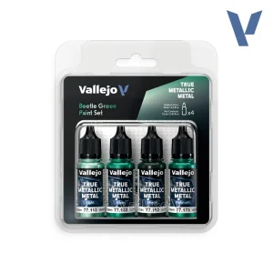 Vallejo TMM Beetle Green Paint Set, 4 x 18 ml True Metallic Metal Paint Set Vallejo