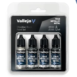 Vallejo TMM Obsidian Black Paint Set, 4 x 18 ml True Metallic Metal Paint Set Vallejo